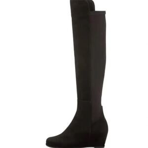 Stuart Weitzman Semi Boot Tall Stretch Back Suede Wedge Round Black OTK 5